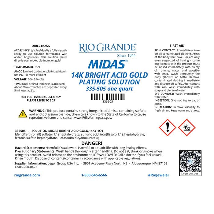Midas® 14K 黄亮金电镀液,酸性