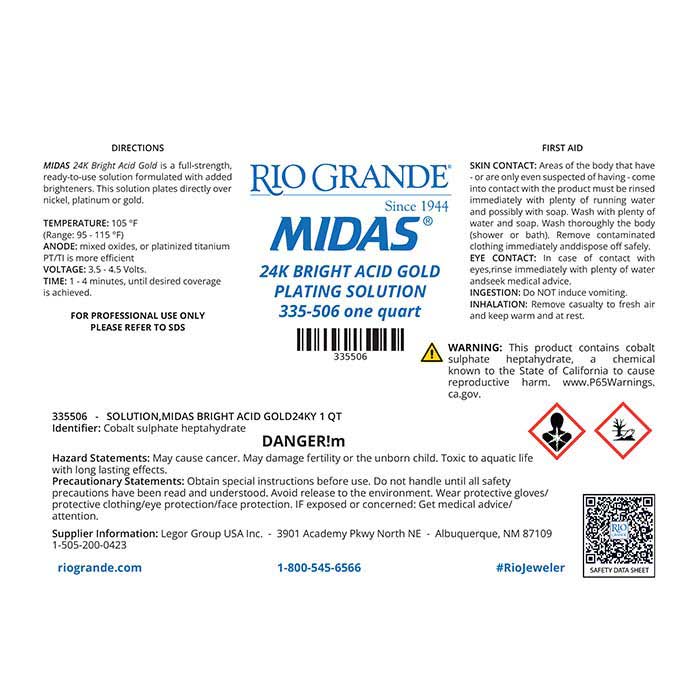 Midas® 24K 黄色亮金电镀液,酸性