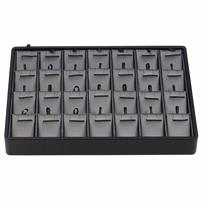 Черный и стальной поднос из искусственной кожи с 28 отделениями для подвесок или серег, штабелируемый