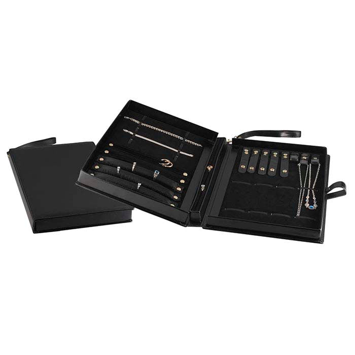 Portafolio combinado para joyería estilo libro de cuero sintético negro