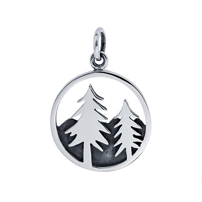 Sterling Silver Open Round Mountain & Trees Charm