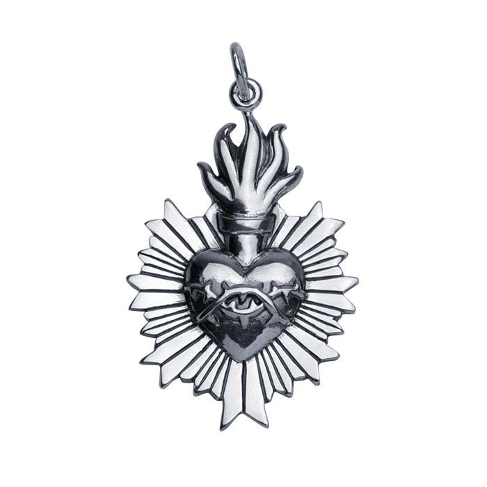 Sterling Silver Flaming Sacred Heart Pendant