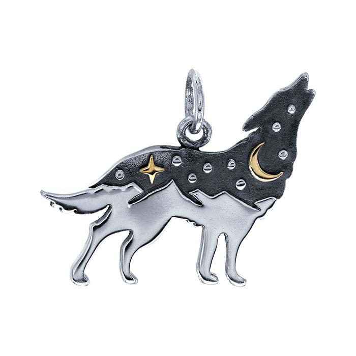 Sterling Silver Wolf Charm with Star & Moon