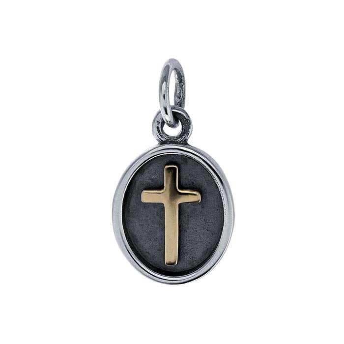 Sterling Silver Oval Charm with Bronze Cross