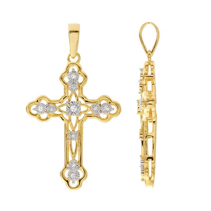 Sterling Silver Yellow Gold-Plated Diamond-Set Cross Pendant