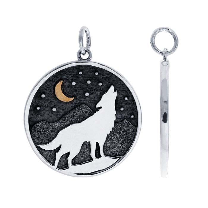 Sterling Silver Wolf Pendant with Bronze Moon