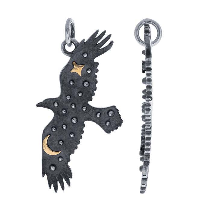 Sterling Silver Raven Pendant with Star & Moon