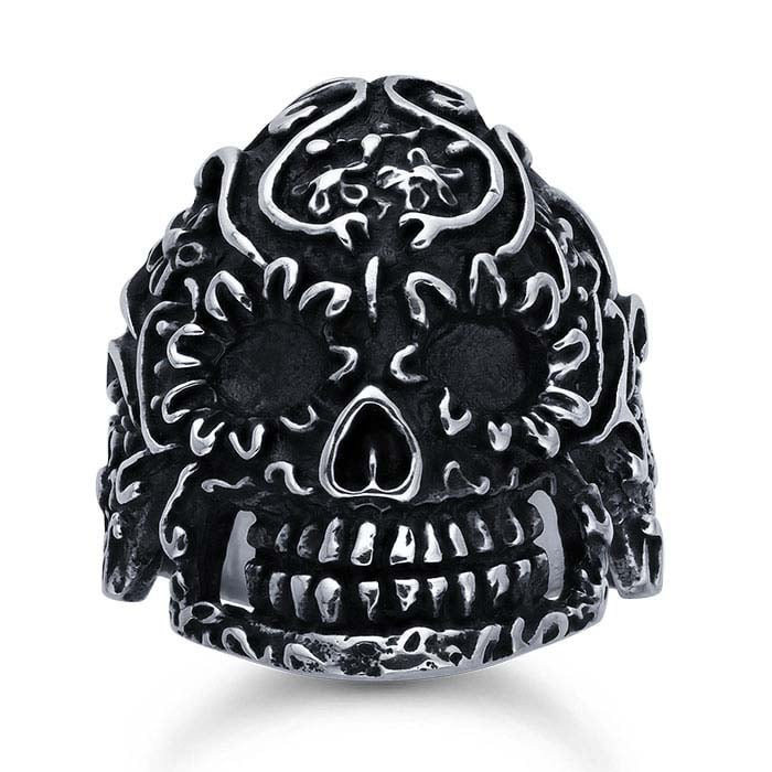 Sterling Silver Skull & Flowers Ring