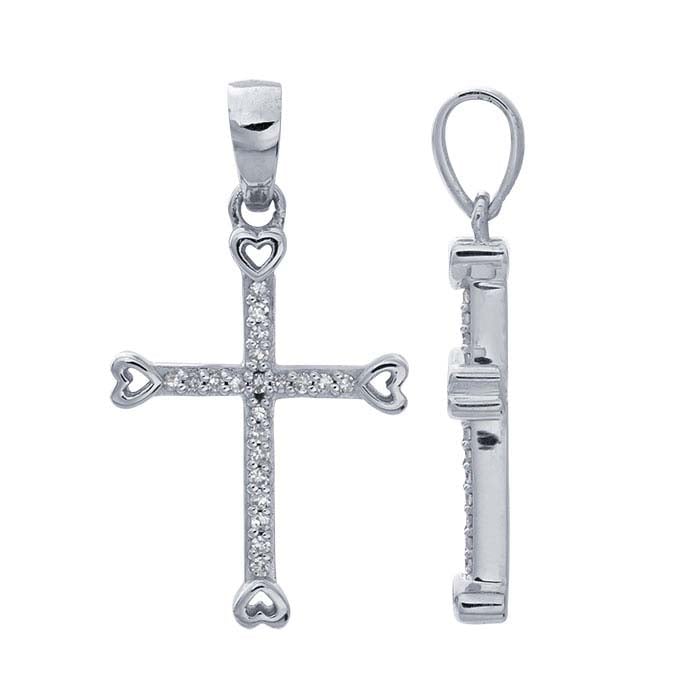 14K Valkokultainen Ristiriipus Sydämillä ja Timanteilla