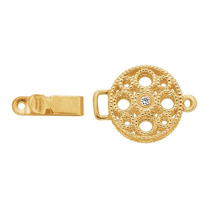 14K Yellow Gold Diamond-Set Round Filigree Safety Clasp