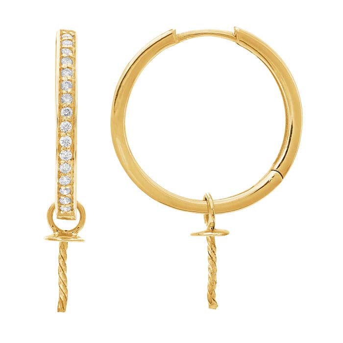 14K पीला सोना हीरा-सेट हूप मोती माउंटिंग के साथ