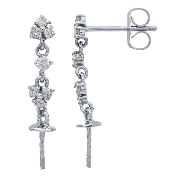 14K White Gold Diamond-Set Cluster Dangle Post Earrings with Pearl Peg