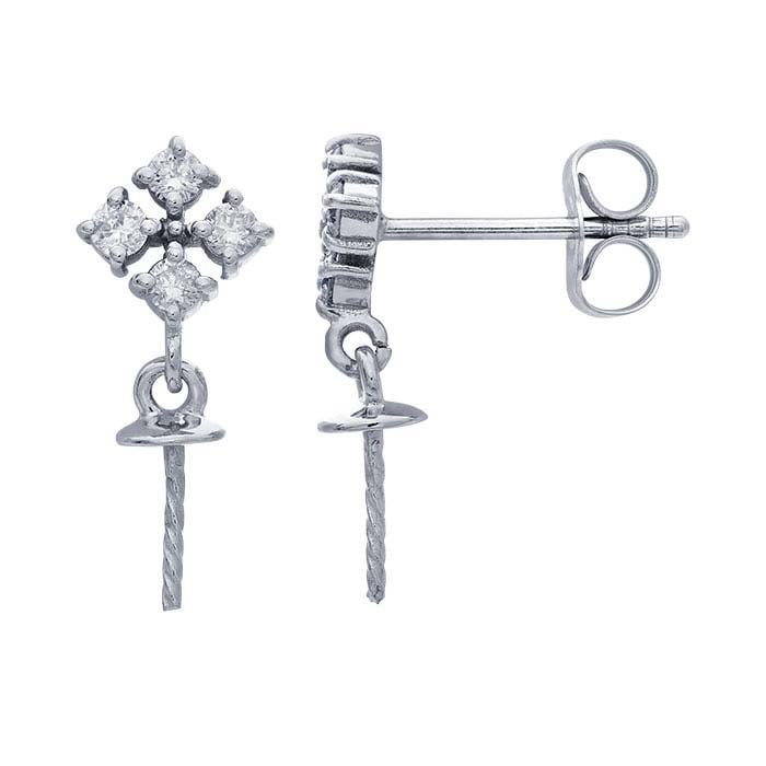 Kolczyki na sztyft z białego złota 14K z diamentami i perłowym trzpieniem