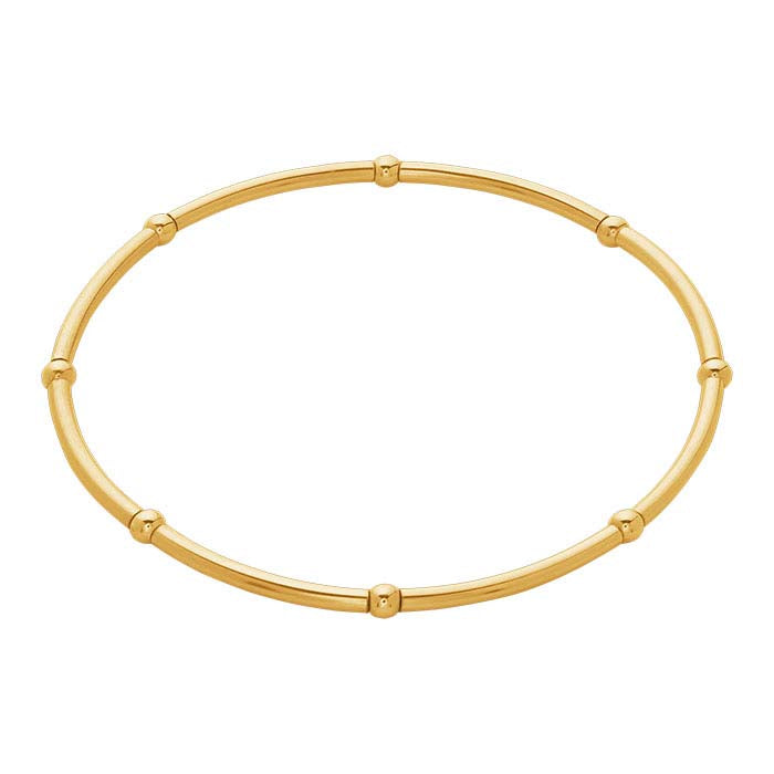 Bransoletka typu bangle z rurką i koralikami, rozciągliwa, pozłacana 14/20 żółtym złotem