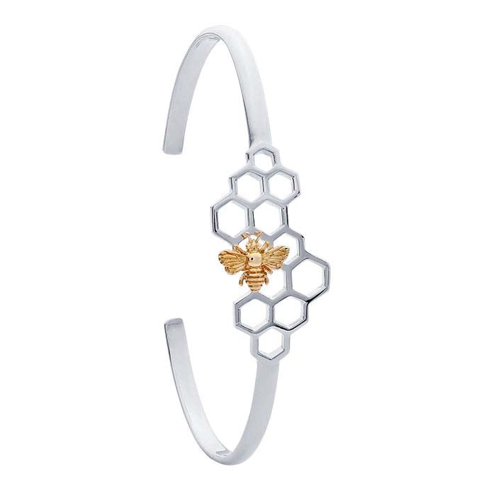 Sterling Silver Honeycomb with Bronze Bee Cuff Bracelet
