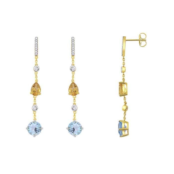 Sterling Silver Yellow Gold-Plated Lab-Grown Citrine-, Blue Topaz- & Diamond-Set Post Earrings