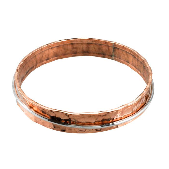 Koperen hamerslag concave armband met beweegbare ring van sterling zilver