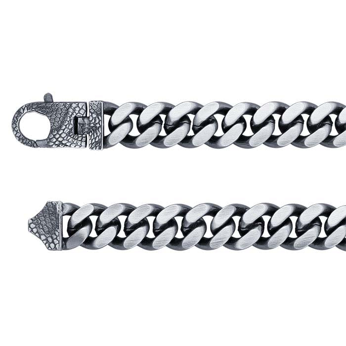 Sterling Silver Oxidized Curb Chain Bracelet with Snake Pattern