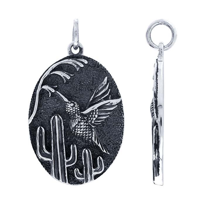 Sterling Silver Hummingbird and Saguaro Cactus Pendant