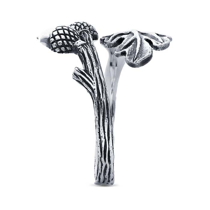 Bypass-Ring aus Sterlingsilber mit Blatt und Eichel, verstellbar