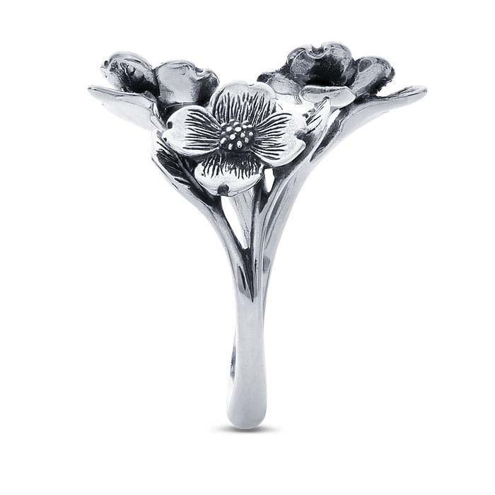 Sterling Silver Dogwood Flowers Bypass Ring, Adjustable