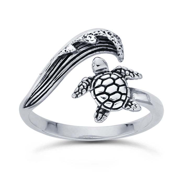 Sterling Silver Sea Turtle & Wave Bypass Ring, Adjustable