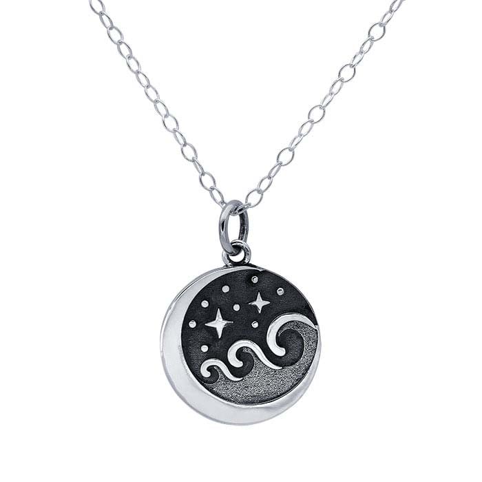 Sterling Silver Moon with Waves Necklace