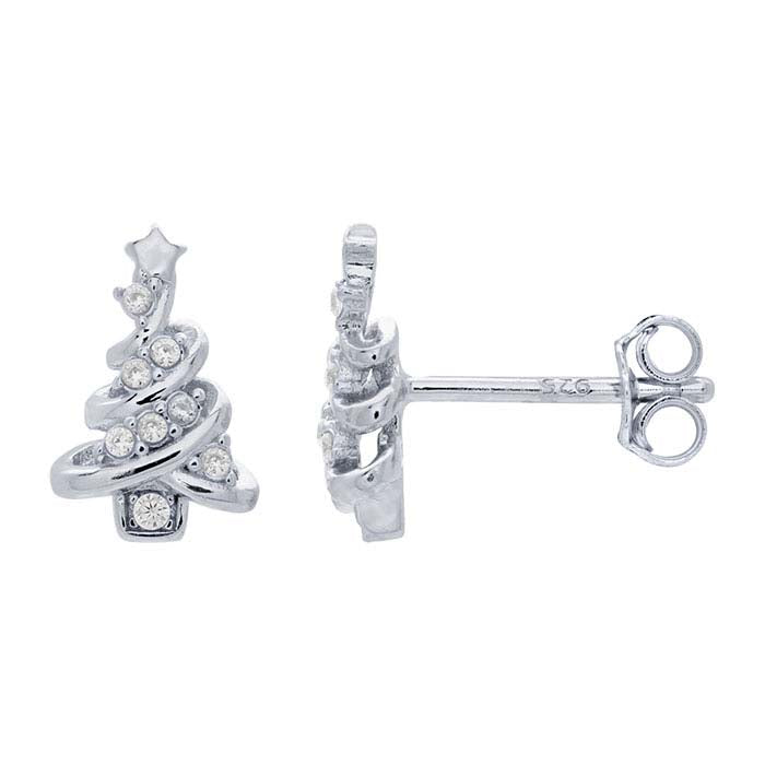 Sterling Silver CZ-Set Christmas Tree Post Earrings