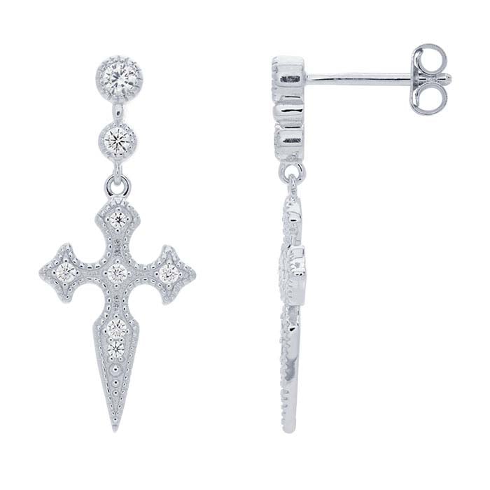 Sterling Silver CZ-Set Cross Drop Post Earrings