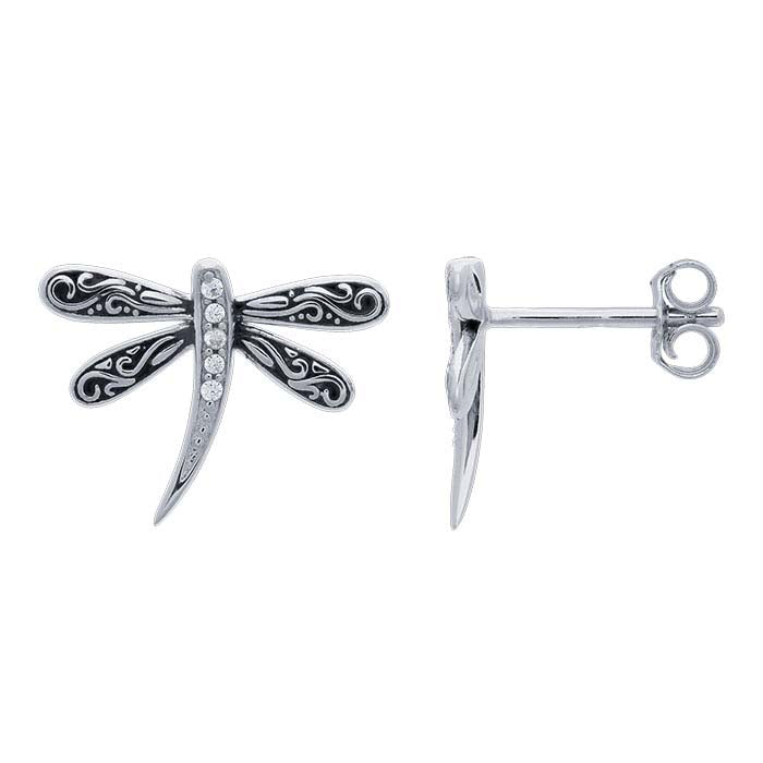 Sterling Silver CZ-Set Dragonfly Post Earrings