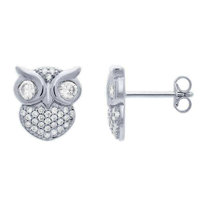 Sterling Silver CZ-Set Owl Post Earrings