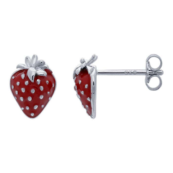 Sterling Silver Enameled Strawberry Post Earrings