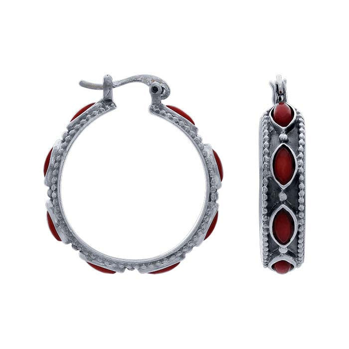 Sterling Silver Bamboo Coral-Set Hoop Earrings