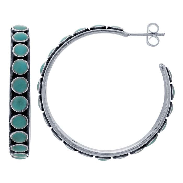 Sterling Silver Imitation Turquoise-Set Hoop Earrings