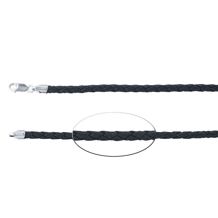 عقد بحبل مضفر أسود من الجلد بسمك 4 مم مع مشبك من الفضة الإسترلينية مطلي بالروديوم