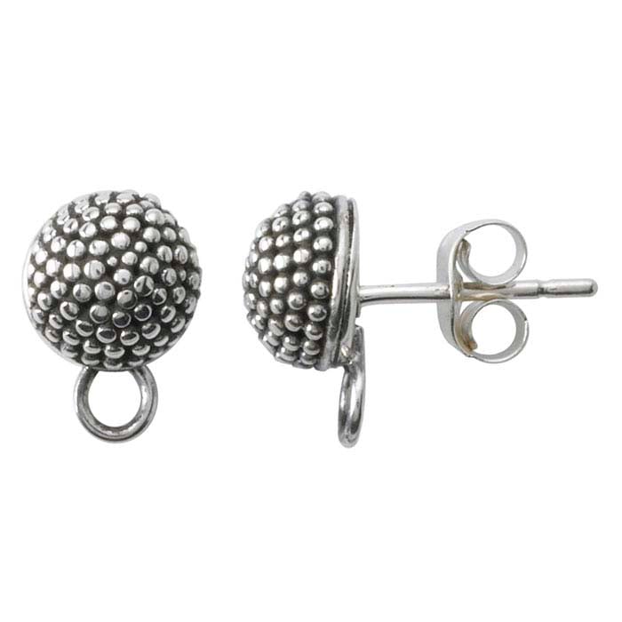 Sterling Silver Beaded Half-Ball Post Earring with Closed Ring