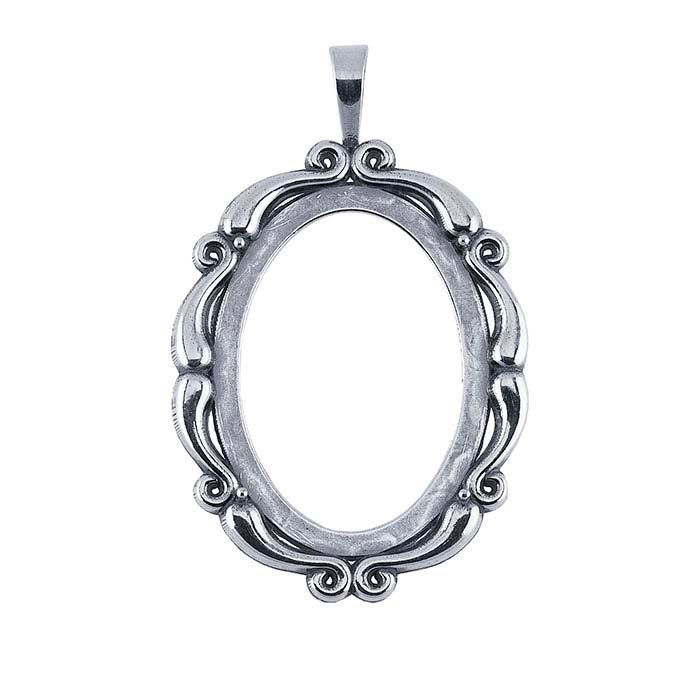 Sterling Silver 40 x 30mm Oval Scroll Cabochon Pendant Mounting