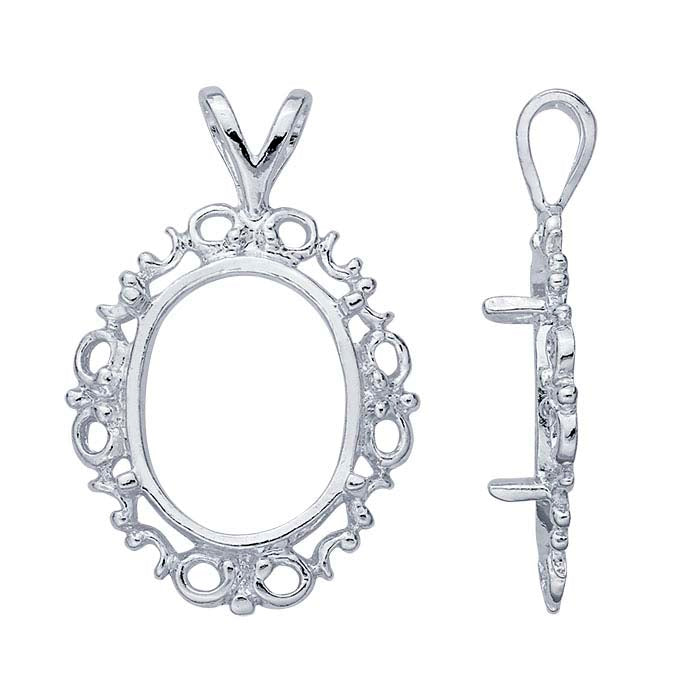 Sterling Silver 18 x 13mm Oval Filigree Cabochon Pendant Mounting