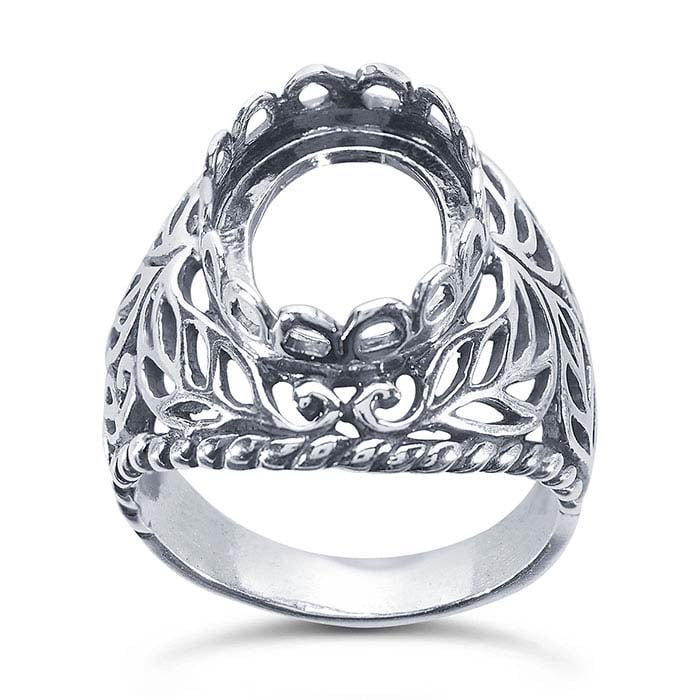 Sterling Silver Leaf Filigree 16 x Oval Cabochon Ring Mounting