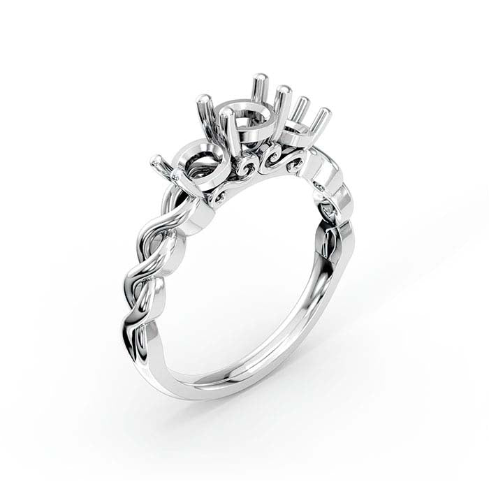 18K White Gold Round Three Stone Ring Mounting