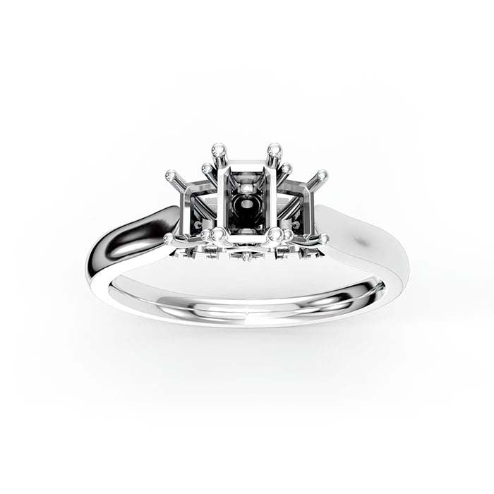 14K White Gold Emerald-Cut & Round Multi Stone Ring Mounting