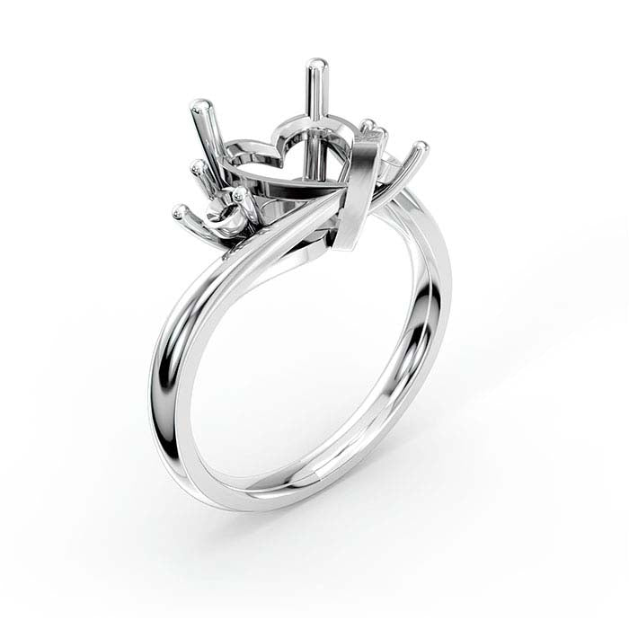 14K White Gold Heart & Round Stone Ring Mounting