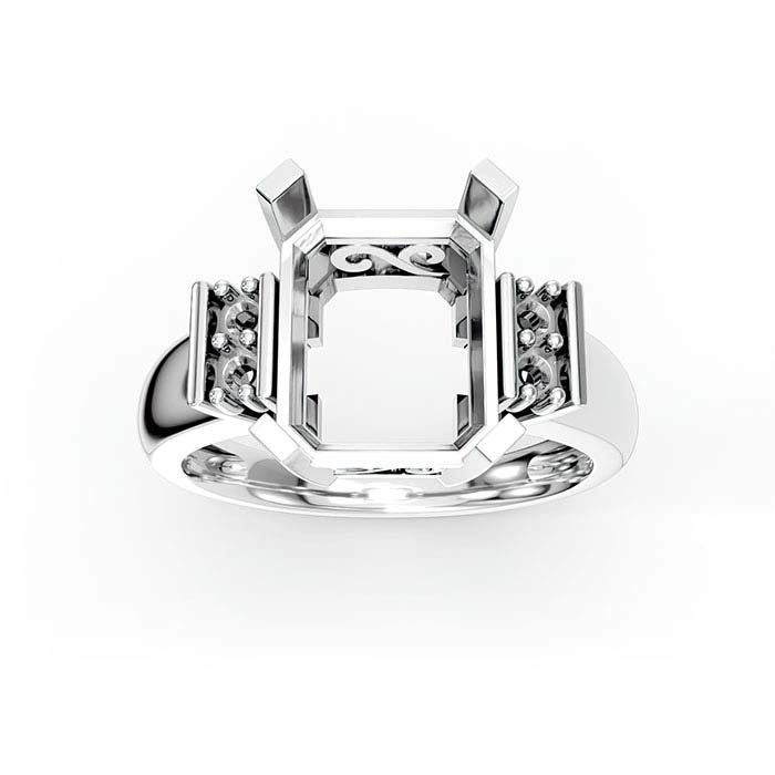 خاتم من الذهب الأبيض عيار 14 قيراط بتصميم حجر زمرد مقطوع بشكل مستطيل وحجر دائري