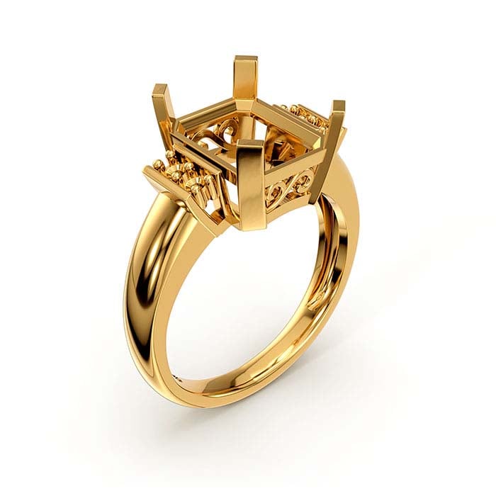 Ringfassung aus 14 Karat Gelbgold mit Smaragdschliff und runden Steinen