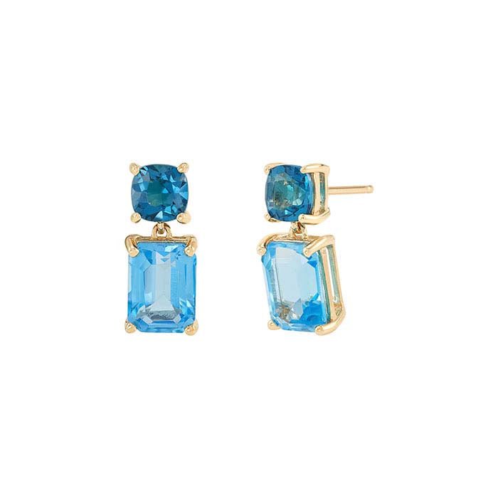 10K Yellow Gold Post Earrings with Swiss & London Blue Topaz-Set Drop