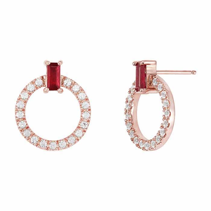 10K Rose Gold Ruby- & White Sapphire-Set Post Earrings with Open Circle Drop