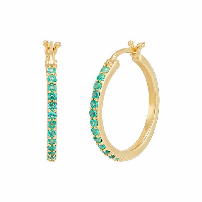 10K Yellow Gold 16mm Emerald-Set Round Hoop Earrings