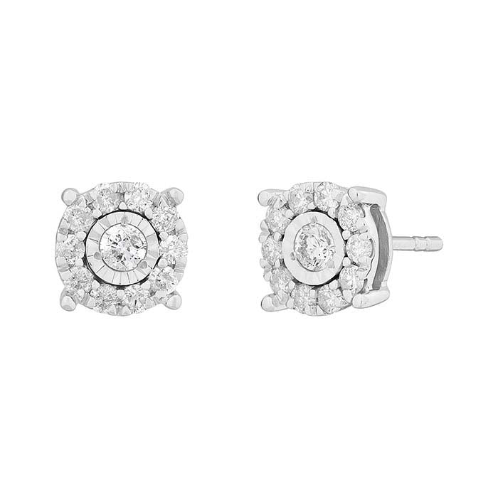 10K White Gold Diamond-Set Halo Post Earrings