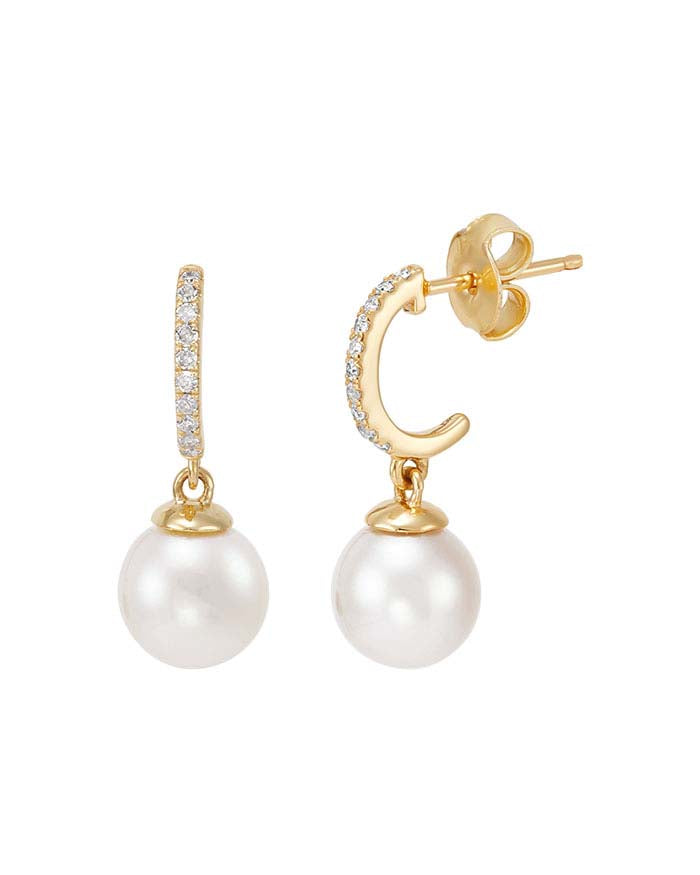 10K Yellow Gold Diamond-Set Post Earrings with Freshwater Pearls