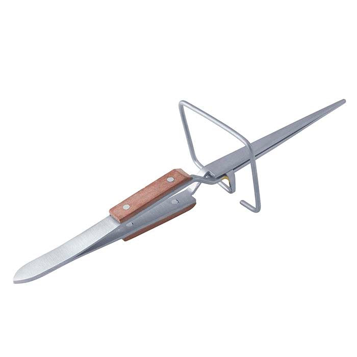 Nerūdijančio plieno tiesios formos pincetas su kryžminio užrakto mechanizmu ir pluošto danga rankenėlėse